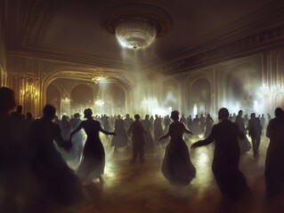 Spooky Halloween-themed dance party in an old American ballroom people in creepy costumes