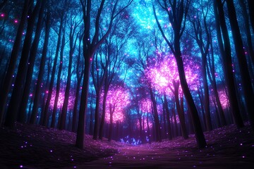 A dreamlike forest where the trees are made of light, and the leaves are glowing galaxies, with cosmic creatures moving silently in the shadows