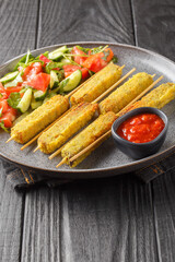 Breaded Eggplant Sticks with Mozzarella Cheese Served with Fresh Salad and Sauce Close-up on Plate on Table. Vertical