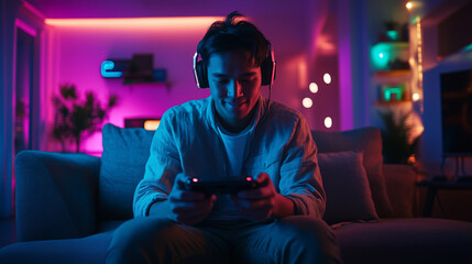 Obraz premium Excited Asian Gamer Man Wearing Headphones Playing Online Smartphone Game in Neon Lit Room at Night, E-Sports Streaming Setup