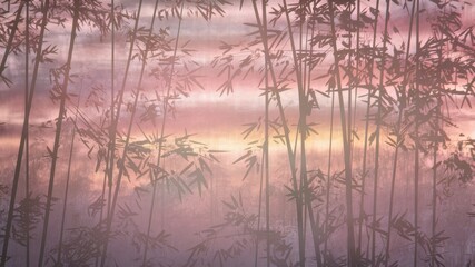 Bamboo Forest Silhouette: Delicate outlines of bamboo stalks and leaves against a misty background with a soft, pastel sunrise sky.