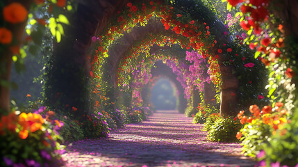 Rose Garden Path.  Beautiful flower archway in a vibrant garden path

