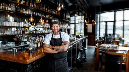 Obraz premium Barkeeper in moderner Bar, lächelnd vor Theke, Bartender in modern bar, smiling in front of counter