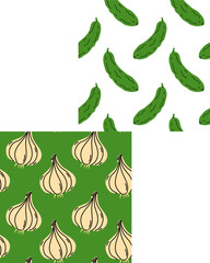 Decorative pattern featuring garlic bulbs against a vibrant green background