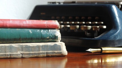 Vintage Writing Tools on Wooden Desk Close-Up Stack of Books, Golden Fountain Pen, and Classic Typewriter Shadows Celebrating National Authors Day
