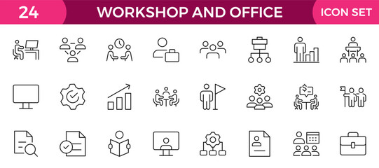 Workshop and Office related outline icon collection. Editable line icon set.