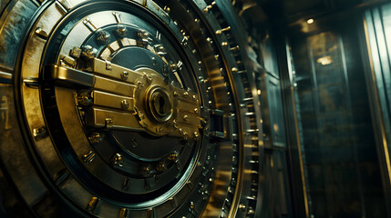Fototapeta premium A detailed view of an ornate bank vault door showcasing its intricate design and security features.