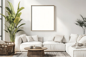 Realistic 3D Render of a Mockup Frame in a Rustic Farmhouse Living Room Interior with Warm, Cozy Details