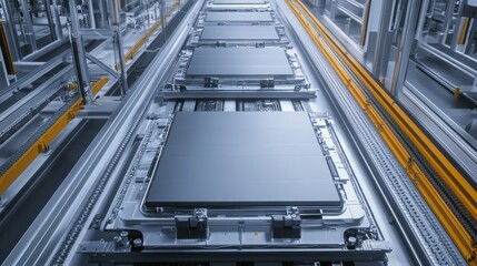 Obraz premium Assembly Line Efficiency, sleek battery modules in a streamlined production setting, showcasing advanced technology.
