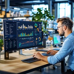 Businessman Analyzing Data on a Computer Screen.