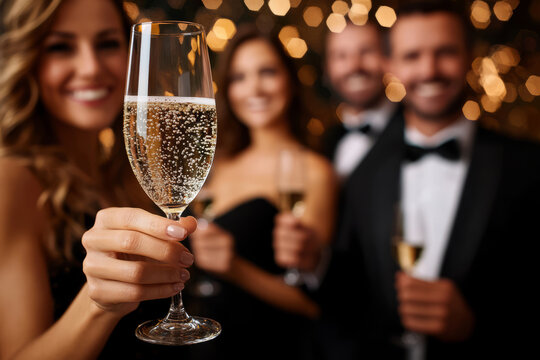 Happy woman in an elegant dress holding champagne at a formal celebration