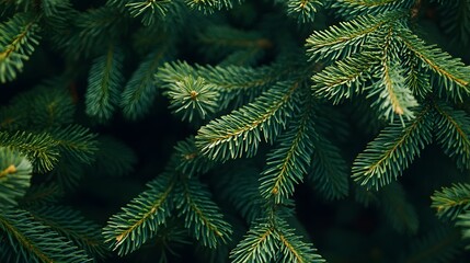 A close-up shot of the green pine tree branches, showcasing their intricate details and textures