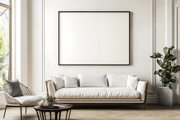 Realistic 3D Render of a Mockup Frame in a Rustic Farmhouse Living Room Interior with Warm, Cozy Details