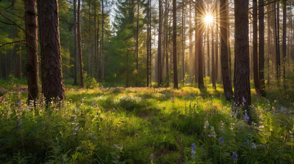 Serene Spring Forest with Sunlight Rays