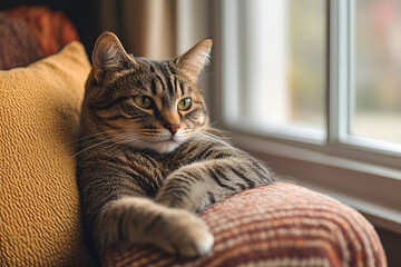 Tabby cat lounging on couch by the window, cozy indoor scene, relaxed feline, home comfort, peaceful cat portrait, natural light, calm environment, domestic pet, serene atmosphere, cozy vibe

