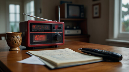 Fototapeta premium Vintage Weather Alert Radio on a Wooden Table