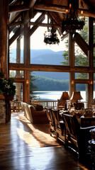 Fototapeta premium Luxury Adirondack Style Lake House with Mountain and Pine Tree Views