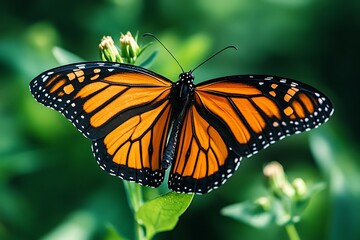 Fototapeta premium Monarch Butterfly Close-Up with Blurry Green Background.