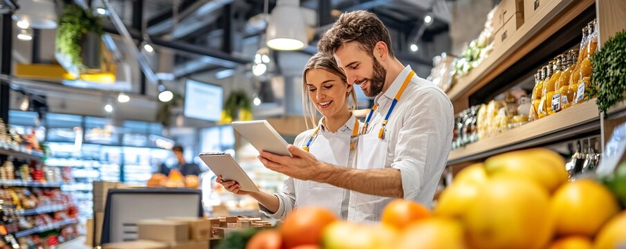 Grocery Store Workers Using a Tablet to Check Inventory. - Powered by Adobe