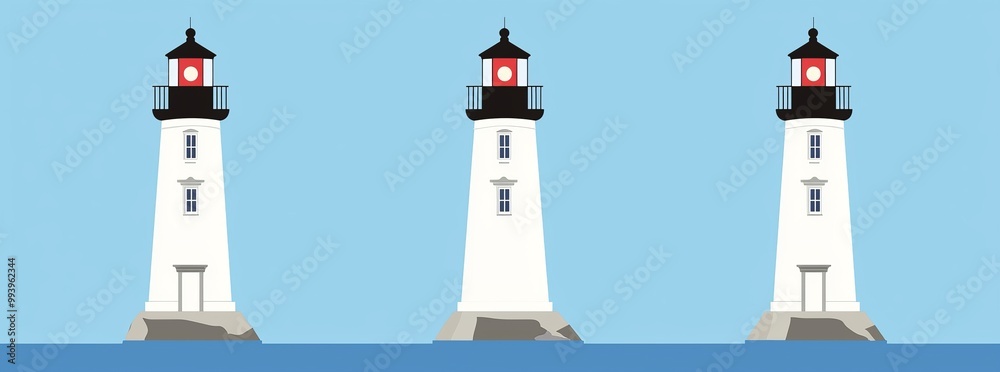 Poster maritime navigation landmark building pointer with lighthouse cartoon. tower lantern rock sea beam s