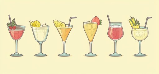 Cartoon modern cocktail garnishes. Drink glasses lime orange cherry mint alcohol vintage retro colorful posters.