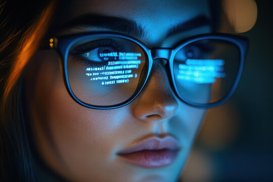 Close-up of Woman's Face with Code Reflected in Glasses