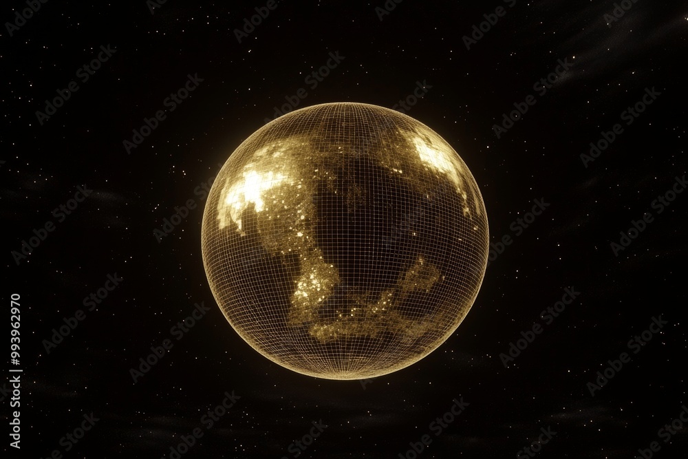 Poster this is a golden, orange hologram of planet earth made from dots isolated on a black background. glo