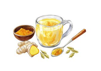 
Recipe and ingredients for making turmeric milk. golden milk. illustration