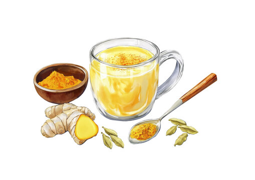 
Recipe and ingredients for making turmeric milk. golden milk. illustration