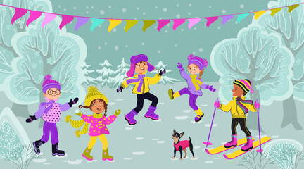 Naklejka premium Happy children have fun on a walk in the park. Winter outdoor activity. Boys and girls in bright clothes against winter landscape. Cartoon kids in the forest. Hand-drawn flat vector illustration.