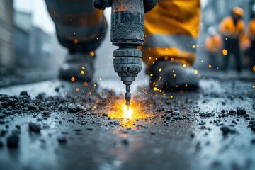 Close-up of a Worker Using a Drill on Asphalt