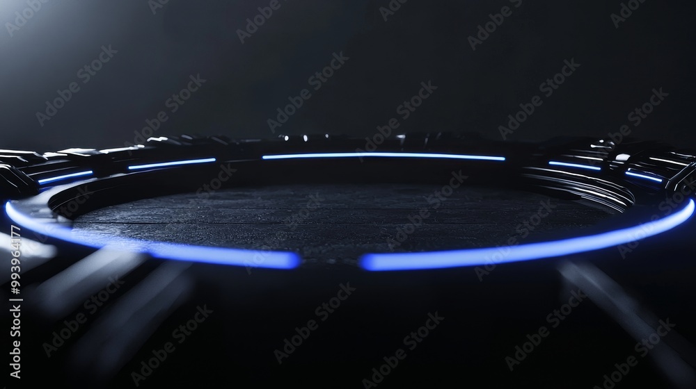 Aufkleber The background of an abstract technology product display is a glowing sci-fi circle circuit hud on a gradient blue computer circuit background.