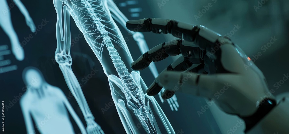 Poster the cyborg hand is holding a futuristic 3d rendering of a futuristic medical interface hud