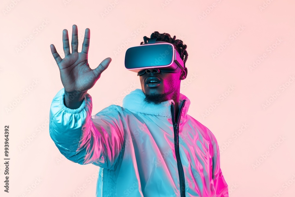 Poster an african man plays a video game with a virtual reality headset, trying to touch something with his