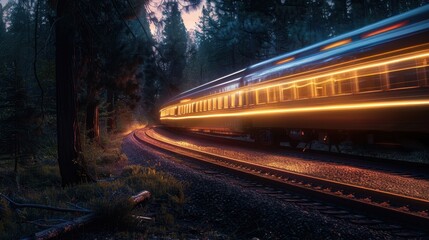 Naklejka premium Enchanting Night Train Journey Through Forest - 8K UHD Motion Blur