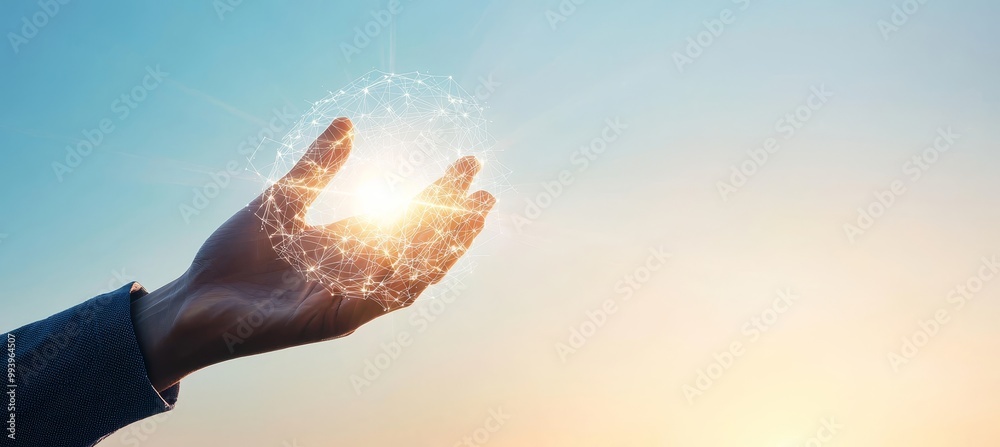 Poster Global network connection and data exchange with hand touching circle on sunset background. Business networking with customers, Science, Innovation, Communication and Technology.
