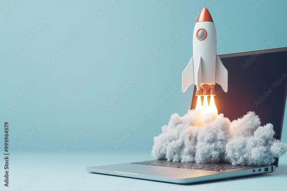 Poster the rocket comes out of the screen of a laptop, a concept of innovation and creativity. stock image.