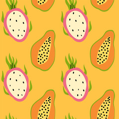 Colorful abstract pattern featuring dragon fruit and papaya on a bright yellow background