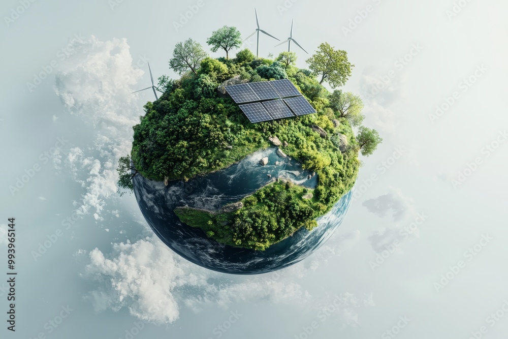 Poster background in renewable energy using wind turbines and solar panels