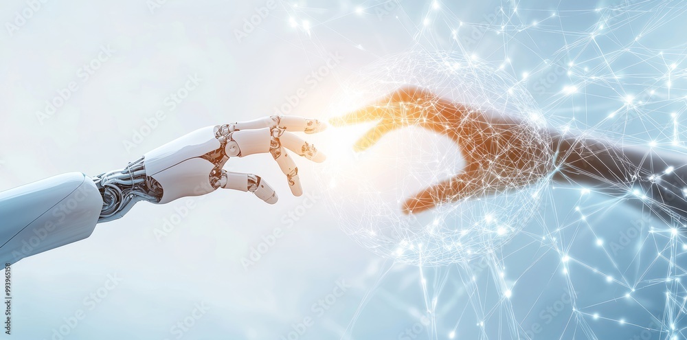 Poster Robotics and humans touching big data of global network connections, Internet and digital technology, Science and stock digital technologies of the future.
