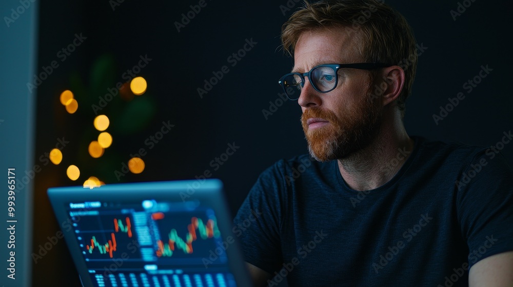 Aufkleber The concept of using data analytics to improve sales and revenue. A man is seated with a laptop and is working with a growing graph. The concept of generative stock.