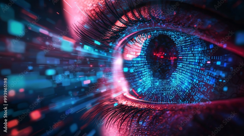Fototapete A human iris and pupil are created by scattering rainbow lines after a flash out of a bright binary circle. 3D rendering background 4K.