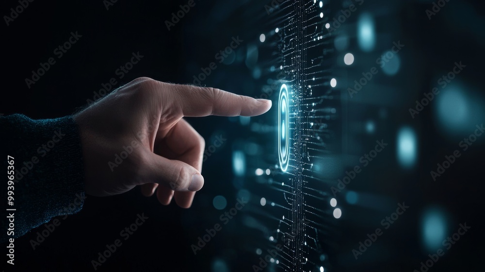 Poster AI circuit board in the shape of an electronic PCB circuit icon symbol on a businessman's hand finger touching with cyberpunk neon lighting in cyberspace. Innovative technology based on machine