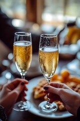Two glasses of sparkling wine with bubbles, held by hands with blurry waffle dish in the background.