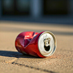 A can of soda that was squeezed by hand falls to the floor.