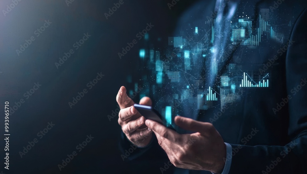 Poster Data analysis with AI robot technology in business analysis which utilizes intelligent AI robots to create reports with KPIs and indicators connected to the database.