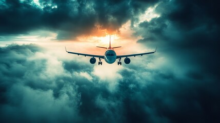 Naklejka premium A plane is flying through a cloudy sky with a sun in the background