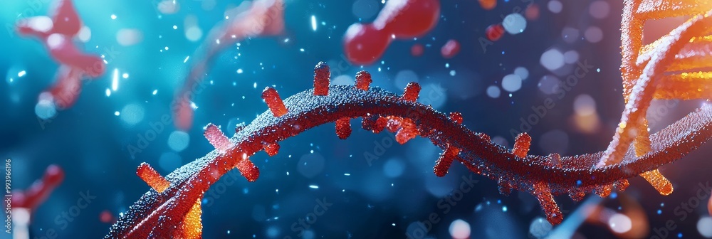 Poster molecular molecules surround a double helix dna structure in a microscopic view
