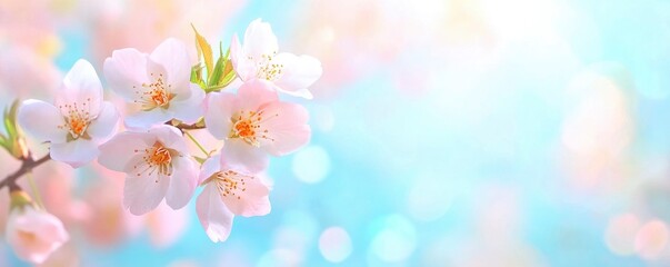 apricot flower tree branches on bright blue bokeh light background with copy space