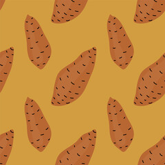 Colorful pattern of sweet potatoes on a vibrant yellow background for a lively kitchen decor